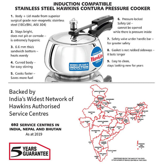 Hawkins Contura Stainless Steel Pressure Cooker, 3.0 Liter Capacity