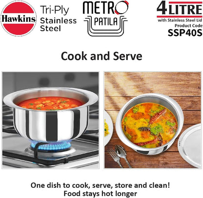 Hawkins 4 Litre Metro Patila, Triply Stainless Steel Tope with Stainless Steel Lid, Induction Bhagona, Tapeli, Silver (SSP40S)