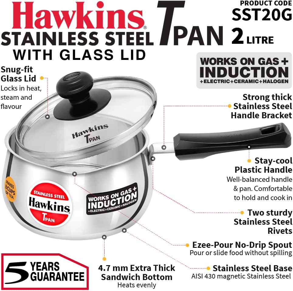 Hawkins Futura Steel Tea Pan with Glass Lid, 2.0 Litre Capactiy, Silver SST20G (Works on Gas & Induction)