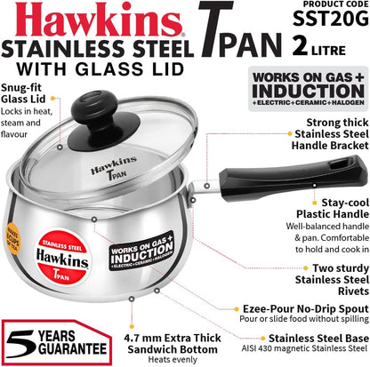 Hawkins Futura Steel Tea Pan with Glass Lid, 2.0 Litre Capactiy, Silver SST20G (Works on Gas & Induction)