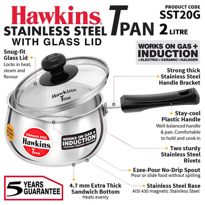 Hawkins Futura Steel Tea Pan with Glass Lid, 2.0 Litre Capactiy, Silver SST20G (Works on Gas & Induction)