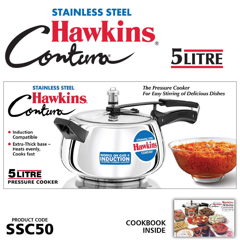 Hawkins Contura Stainless Steel Pressure Cooker, 5.0 Liter Capacity