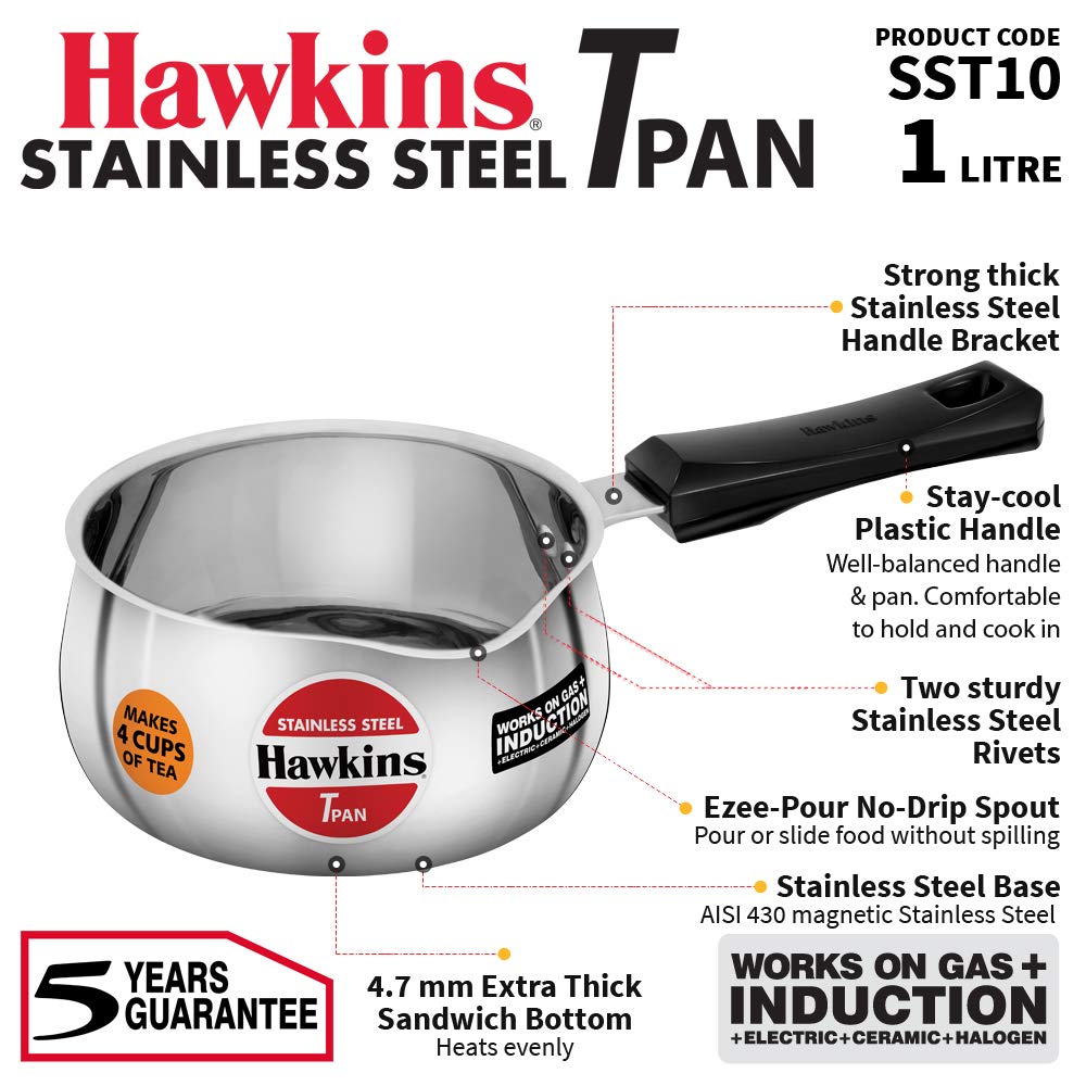 Hawkins Stainless Steel Tea Pan Tpan 1 Litre Without Lid SST10