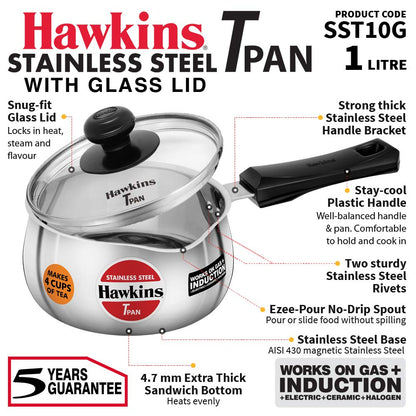Hawkins Futura Steel Tea Pan with Glass Lid, 1.0 Litre Capactiy SST10G