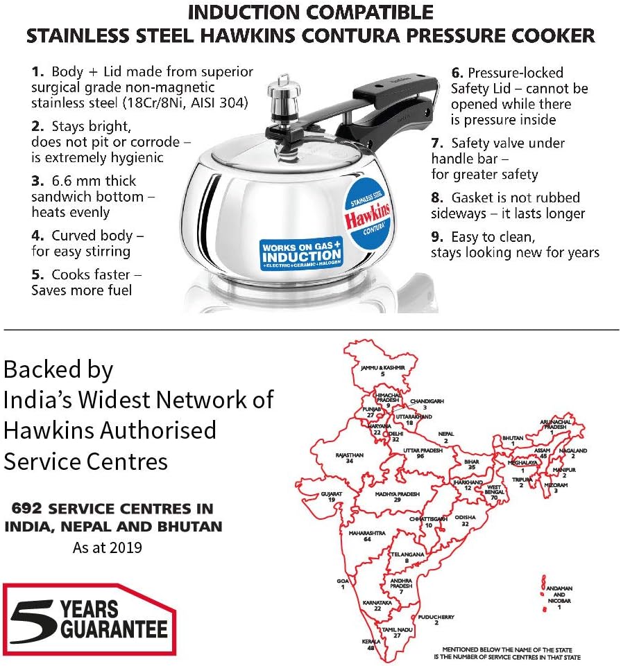 Hawkins Contura Stainless Steel Pressure Cooker, 2.0 Liter Capacity