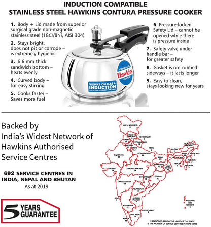 Hawkins Contura Stainless Steel Pressure Cooker, 2.0 Liter Capacity