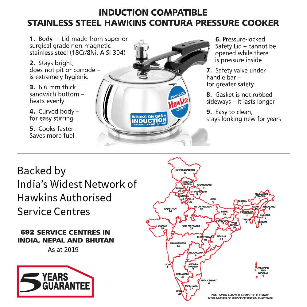 Hawkins Contura Stainless Steel Pressure Cooker, 2.0 Liter Capacity