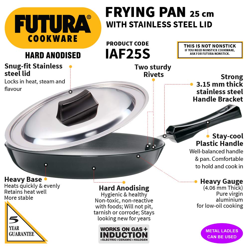 Futura 10" Hard Anodised Frying Pan with Lid, Medium, Black