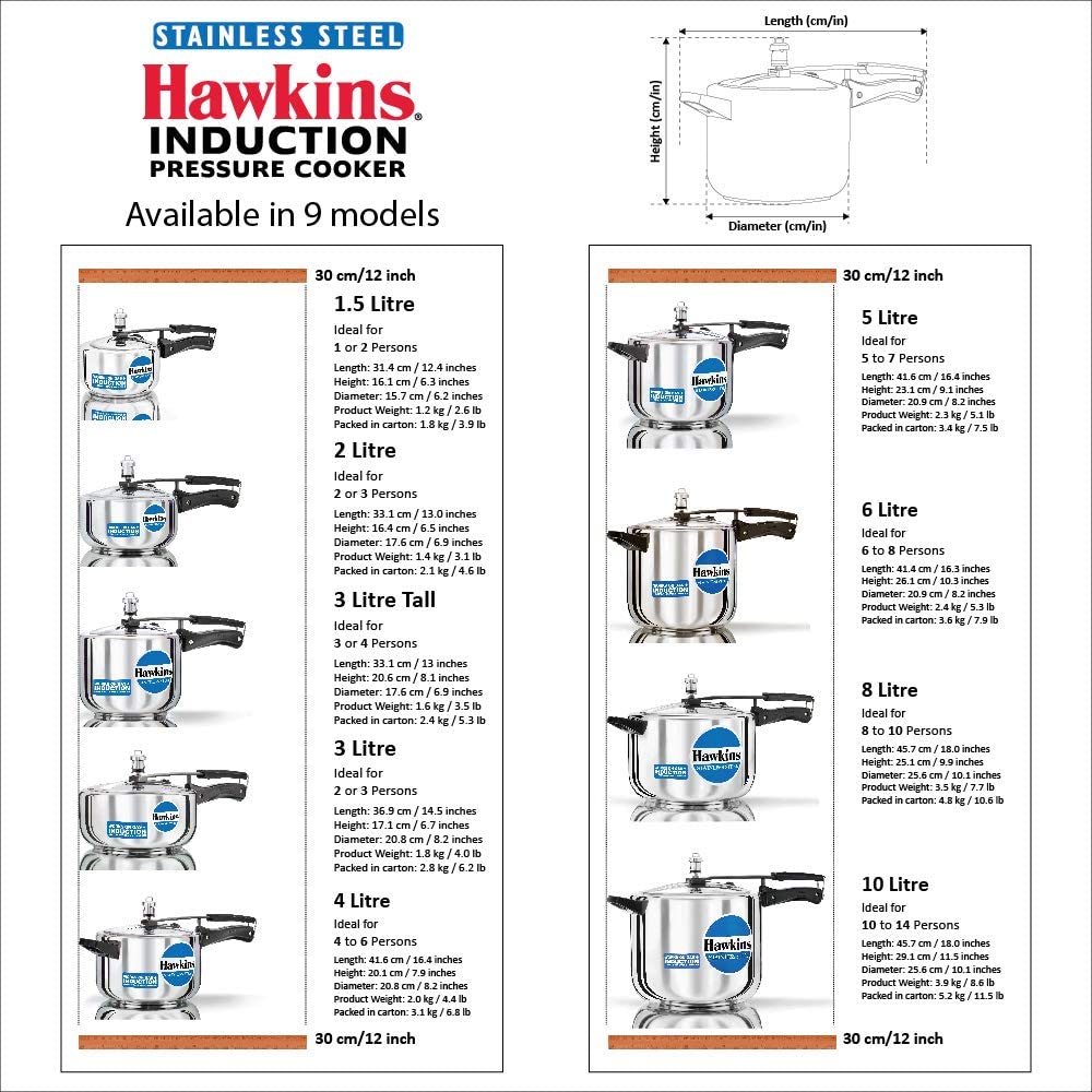 Hawkins Stainless Steel Pressure Cooker 4 Litres - Silver - Induction Compatible - HSS40