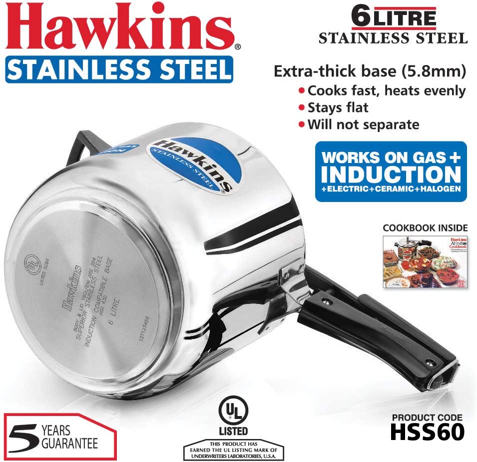 Hawkins Stainless Steel Pressure Cooker 6 Litres - Silver - Induction Compatible - HSS60