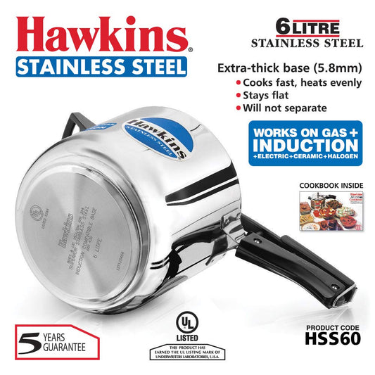 Hawkins Stainless Steel Pressure Cooker 6 Litres - Silver - Induction Compatible - HSS60