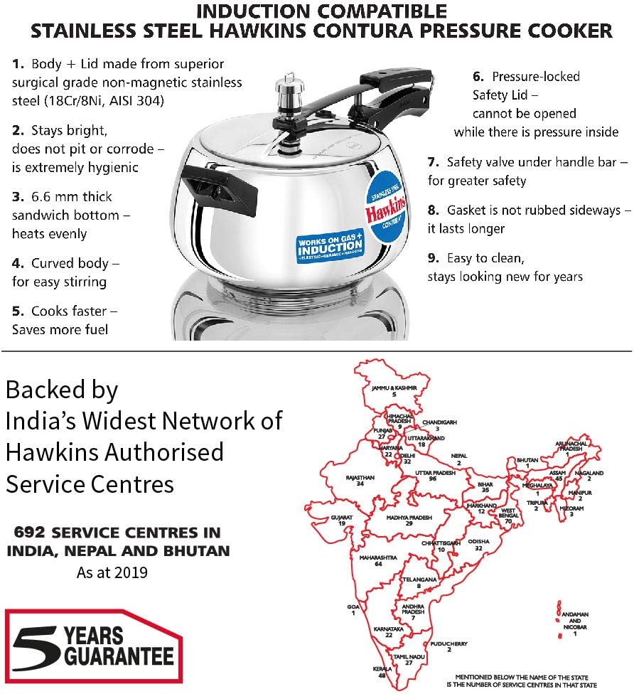 Hawkins Contura Stainless Steel Pressure Cooker, 5.0 Liter Capacity