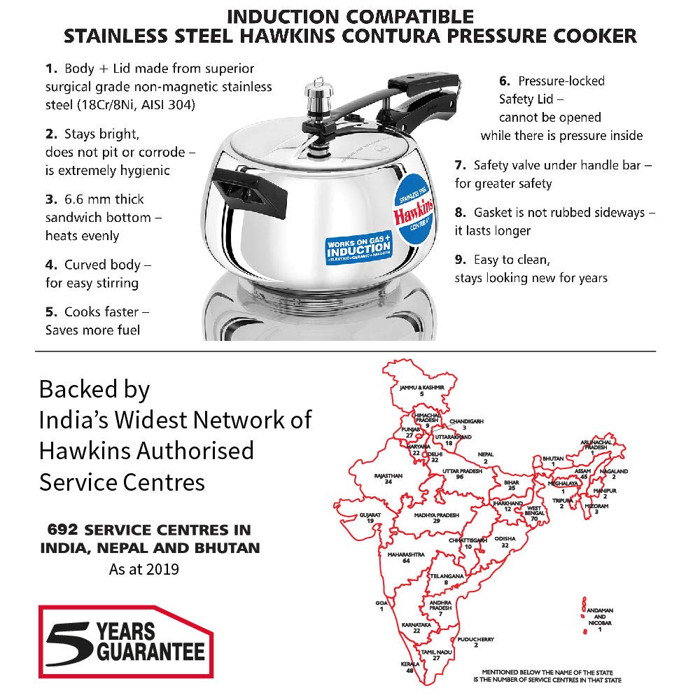 Hawkins Contura Stainless Steel Pressure Cooker, 5.0 Liter Capacity