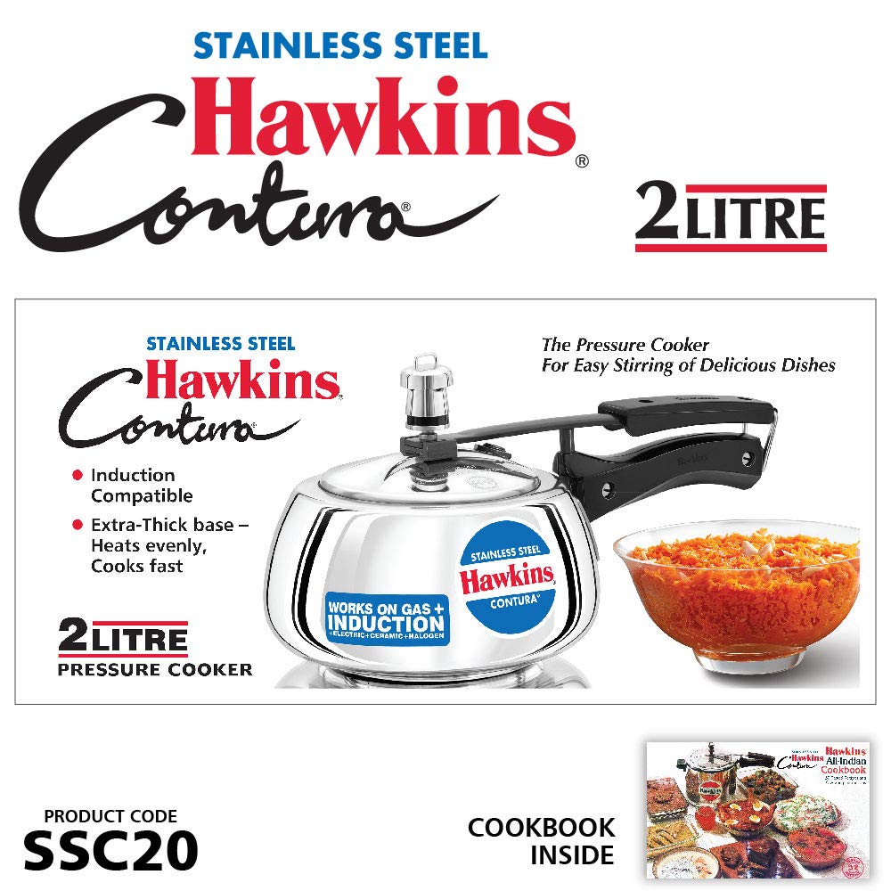 Hawkins Contura Stainless Steel Pressure Cooker, 2.0 Liter Capacity