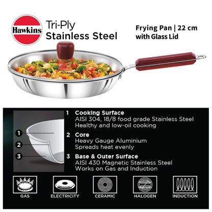 Hawkins - SSF22G Tri-ply Stainless Steel Frying Pan 22 cm with Glass Lid