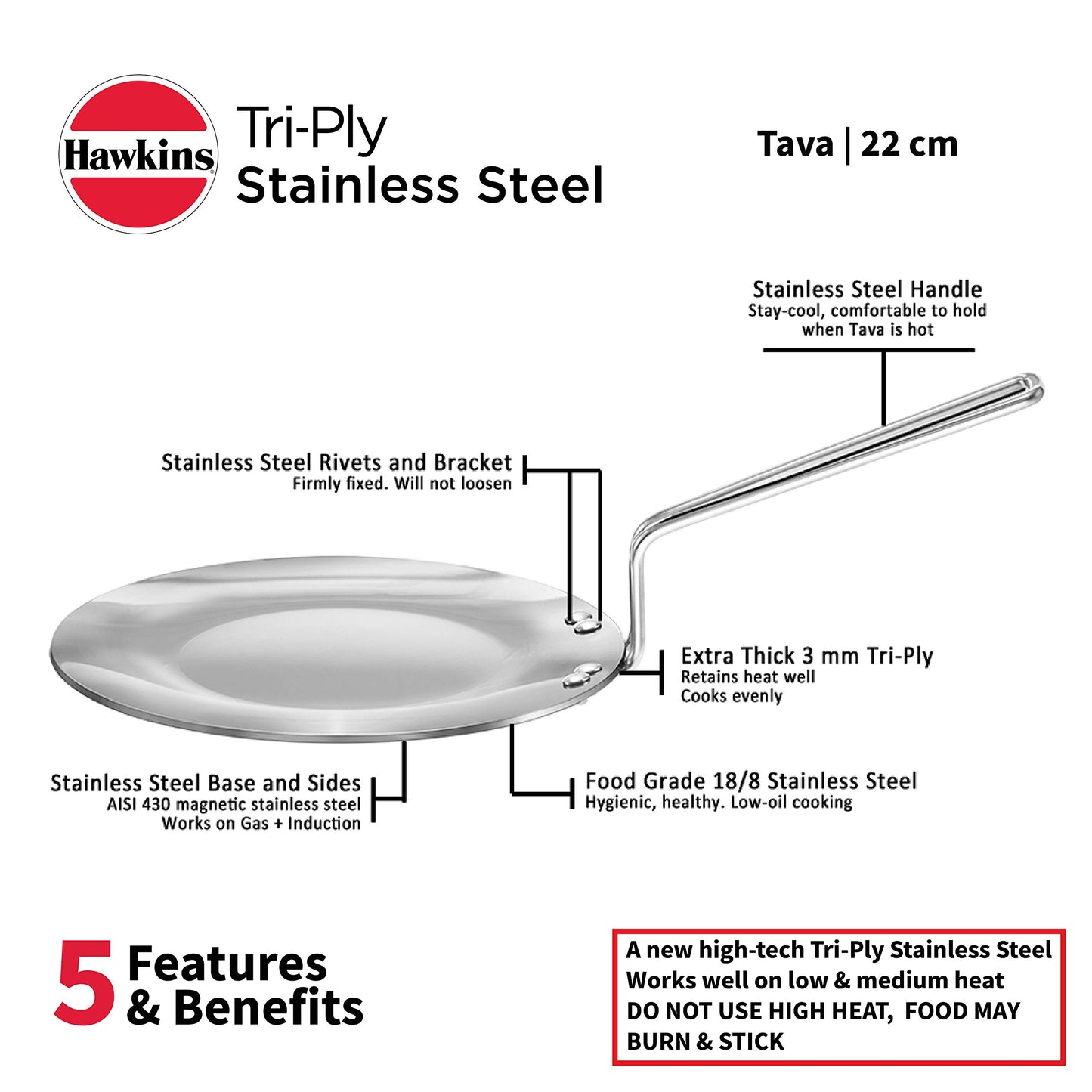 Hawkins Tri-ply Stainless Steel Tava, 22 cm