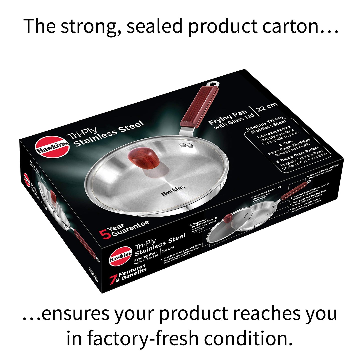 Hawkins - SSF22G Tri-ply Stainless Steel Frying Pan 22 cm with Glass Lid
