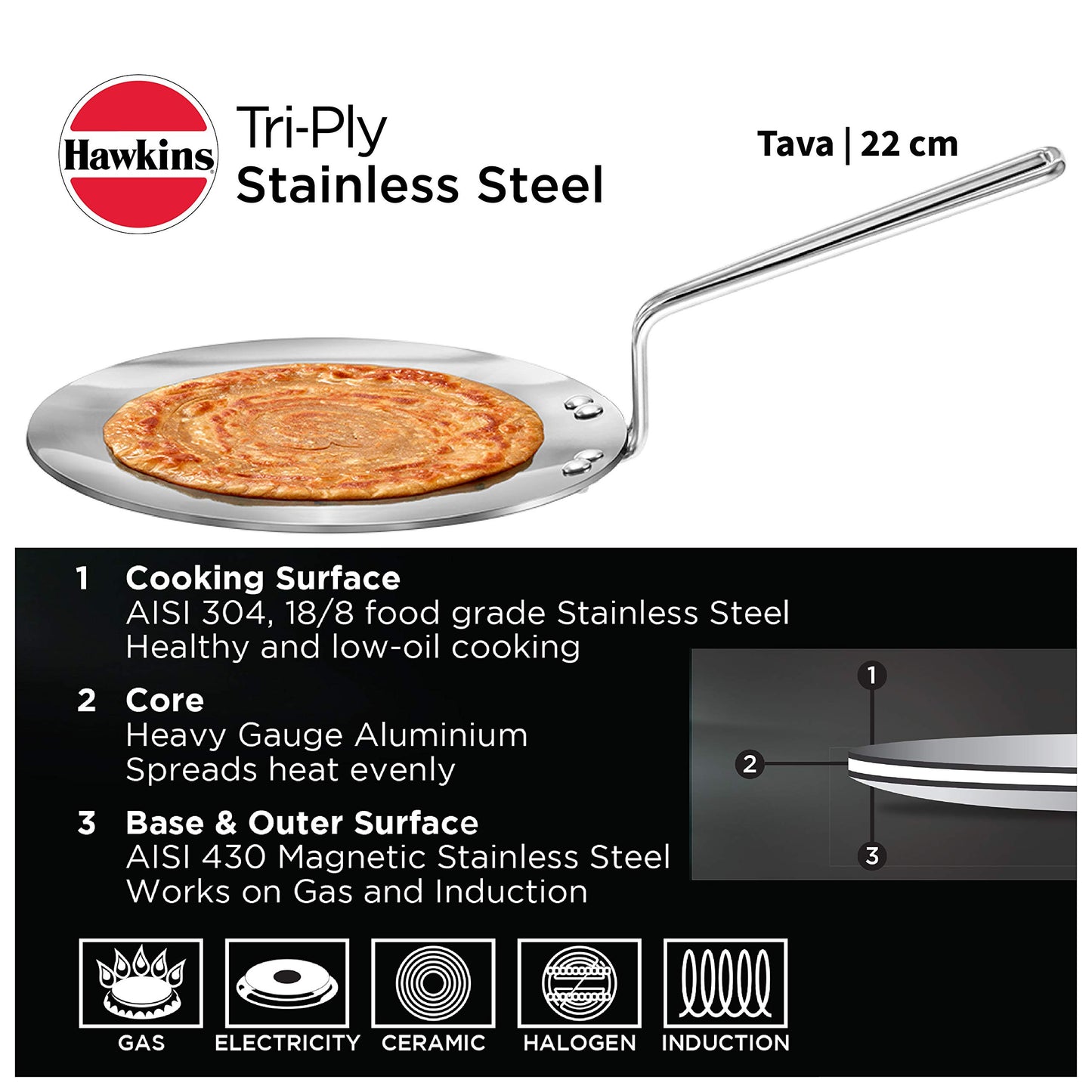 Hawkins Tri-ply Stainless Steel Tava, 22 cm