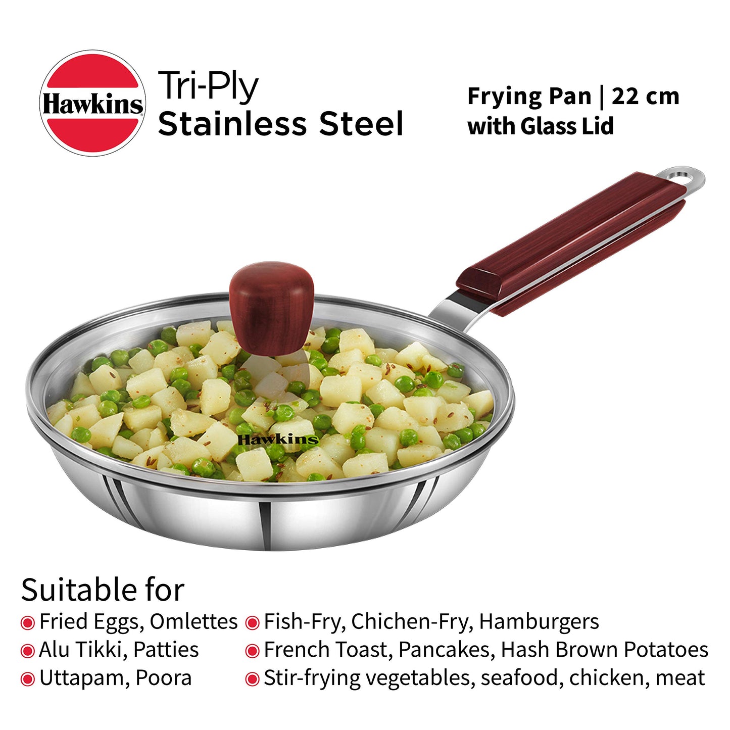 Hawkins - SSF22G Tri-ply Stainless Steel Frying Pan 22 cm with Glass Lid
