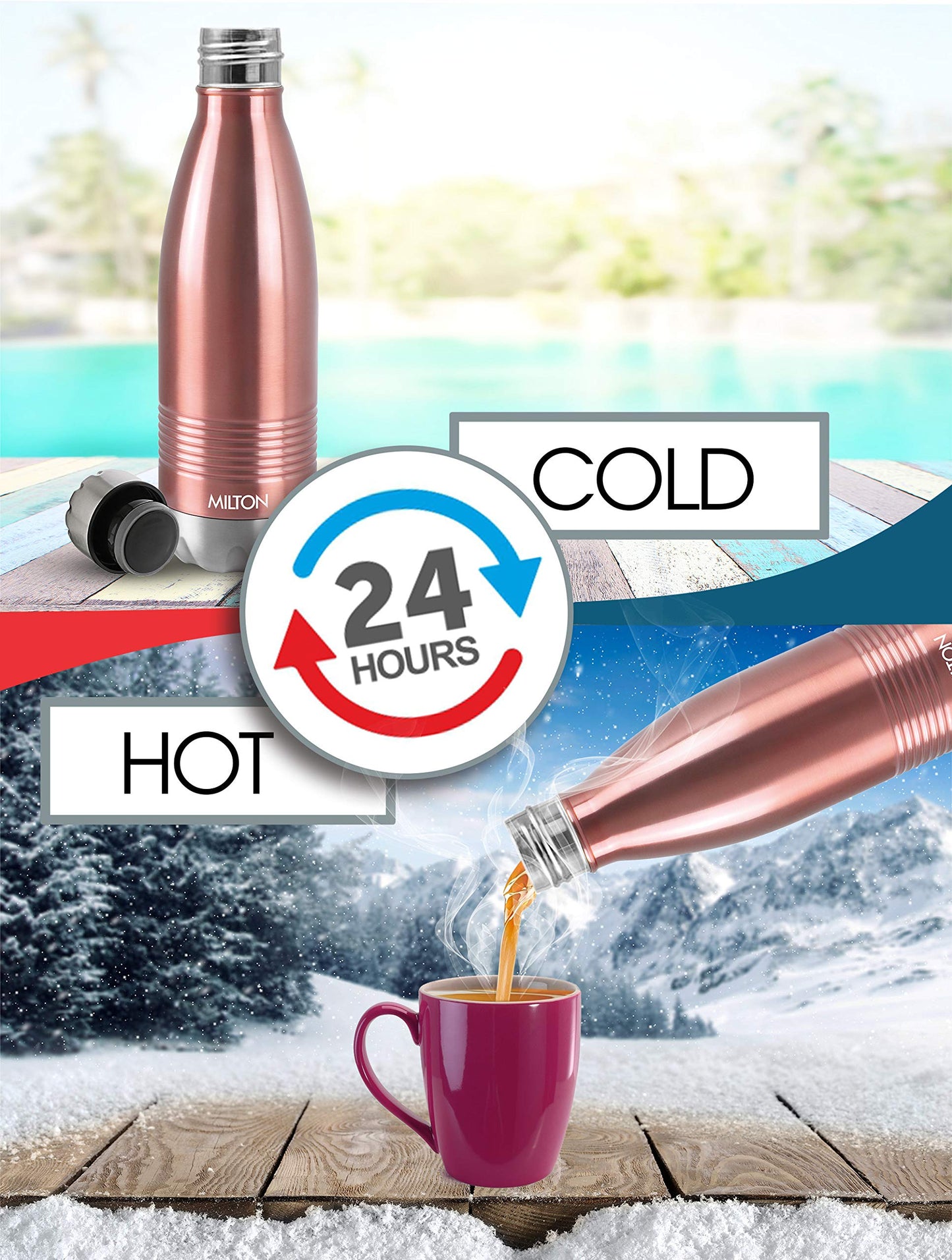 Milton Thermosteel Duo DLX 750, Double Walled Vacuum Insulated Flask 700 ml | 24 oz | 24 Hours Hot and Cold Water Bottle, 18/8 Stainless Steel, BPA Free, Food Grade, Leak-Proof | Rose Gold