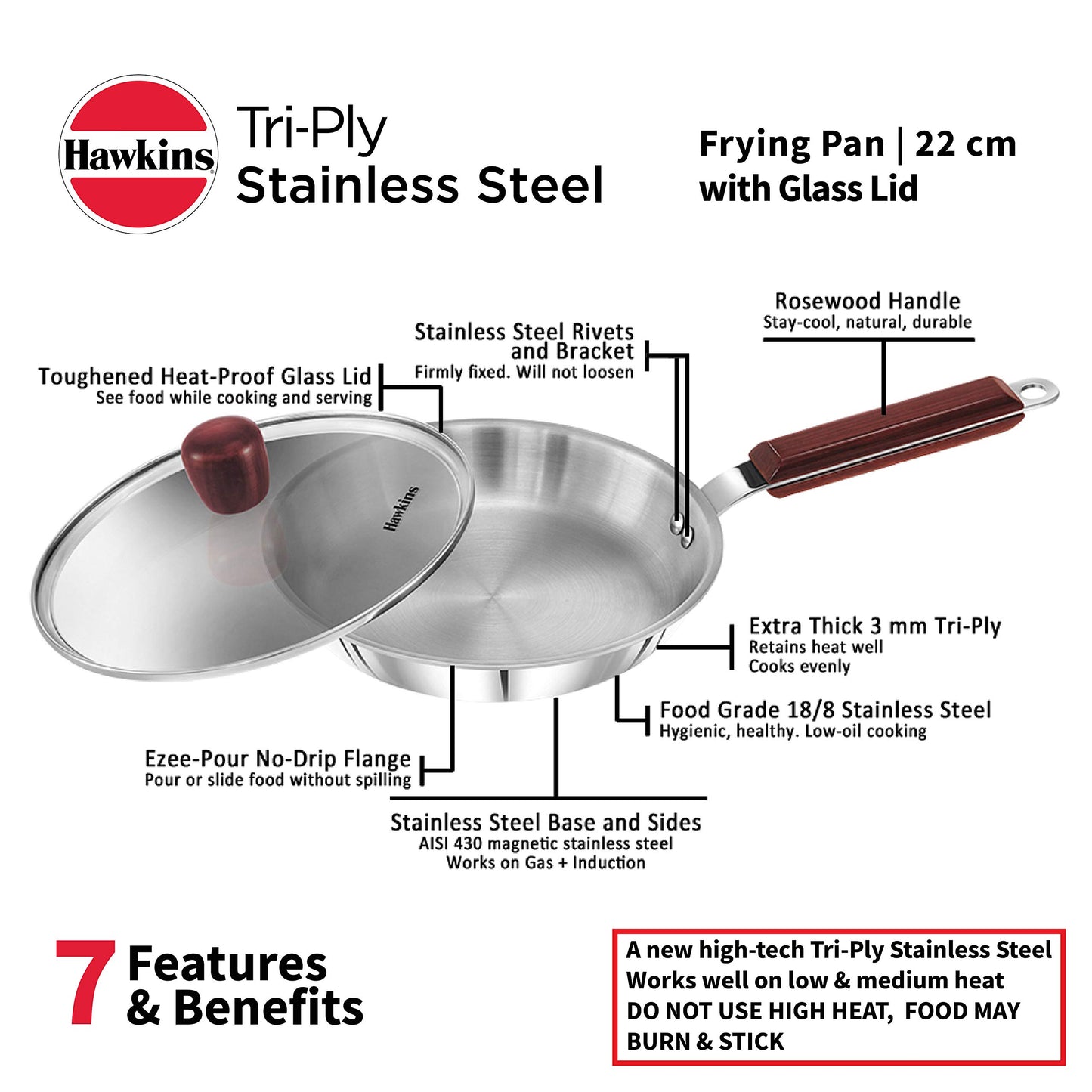Hawkins - SSF22G Tri-ply Stainless Steel Frying Pan 22 cm with Glass Lid