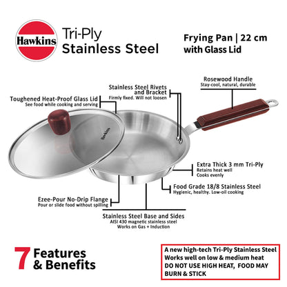 Hawkins - SSF22G Tri-ply Stainless Steel Frying Pan 22 cm with Glass Lid