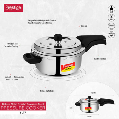 Prestige Deluxe Alpha Stainless Steel PRESSURE COOKER, 3 Liter, Silver