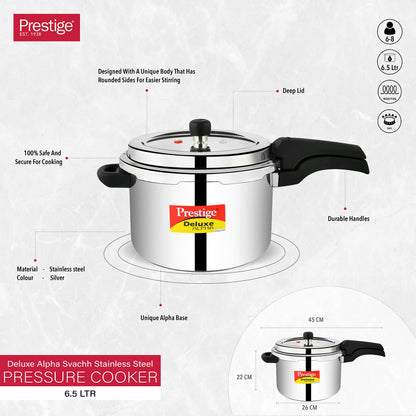 Prestige Deluxe Alpha 6.5 PRESSURE COOKER, 6.5 Liter, SILVER