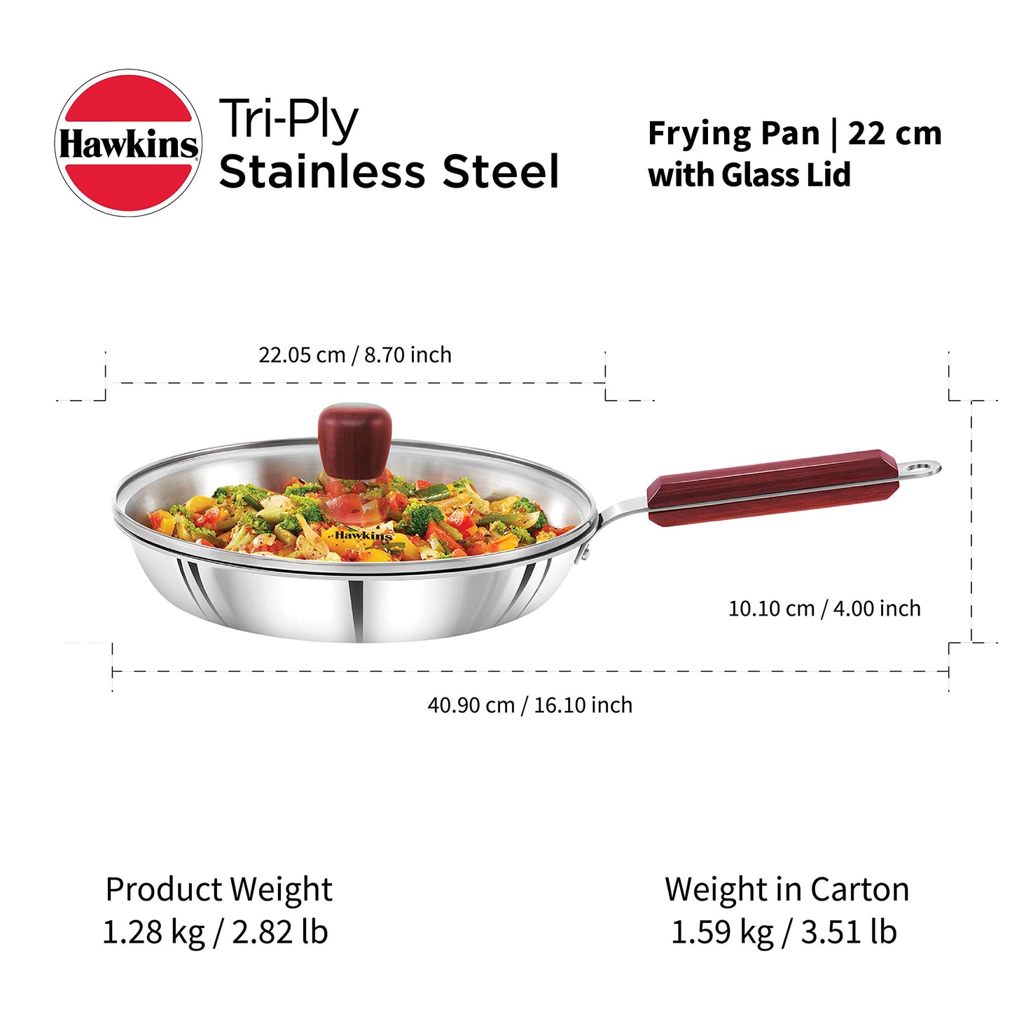 Hawkins - SSF22G Tri-ply Stainless Steel Frying Pan 22 cm with Glass Lid