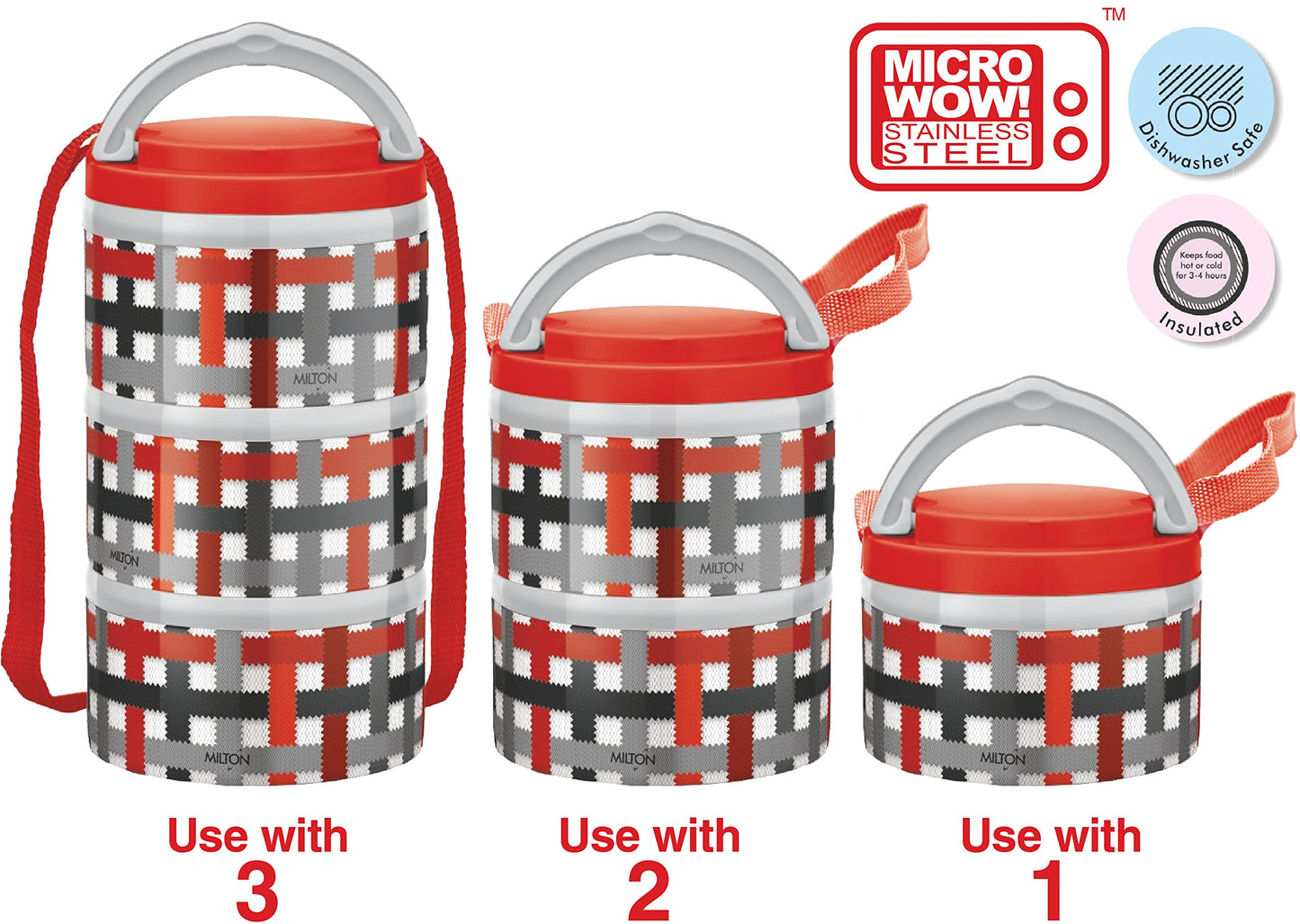 MILTON 4205 Insulated Stainless Steel Microwavable 3-Tier Lunch Box 3 Tier Red Checker