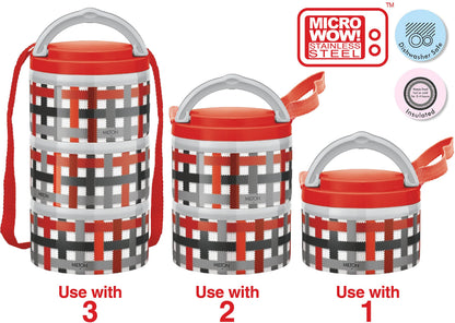 MILTON 4205 Insulated Stainless Steel Microwavable 3-Tier Lunch Box 3 Tier Red Checker