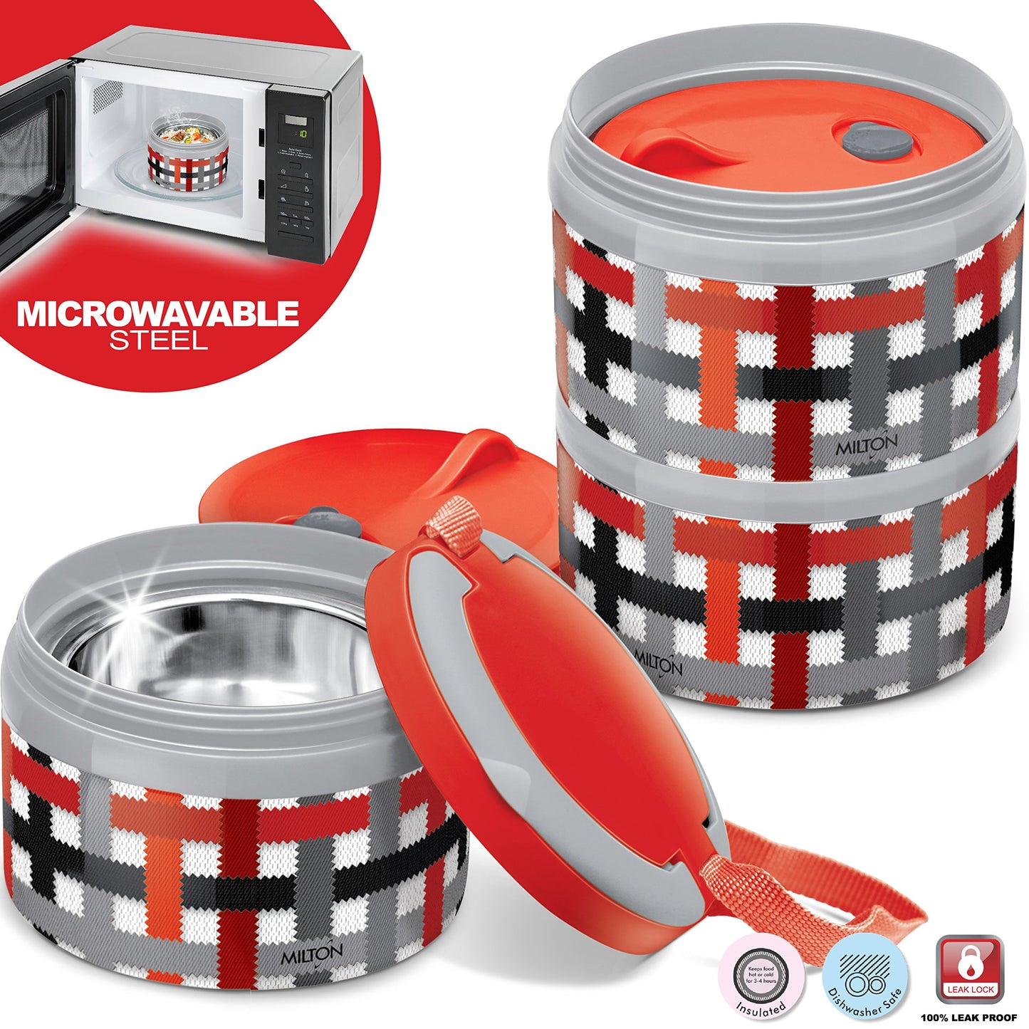 MILTON 4205 Insulated Stainless Steel Microwavable 3-Tier Lunch Box 3 Tier Red Checker