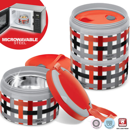 MILTON 4205 Insulated Stainless Steel Microwavable 3-Tier Lunch Box 3 Tier Red Checker
